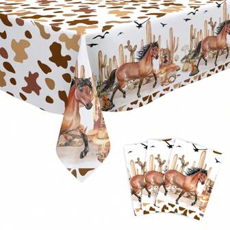 3pcs/Set 108*180CM/42.5*70.8IN Disposable Table Cloth, Water-Resistant And Oil-Proof PE Material, Personalized Wild West Cowboy Theme, Suitable For Theme Parties And Daily Decoration, Can Be Used As Background Or Picnic Mat