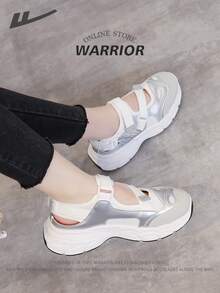 Warrior Series, Valentine's Day Gift, 1 Pair 2025 New Women's Running Sports Sandals, Water Shoes, Hook And Loop Low-Top, Silver, Hollow Vamp Design, Soft Thick Sole, Suitable For Summer Outdoor Running, Beach Play, Breathable And Comfortable - Silver Gray - View 1