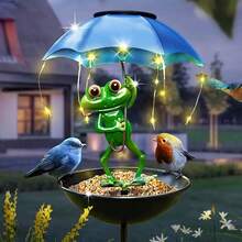 1 pieza Estatua solar con decoración de rana y paisaje, tazón para alimentar aves, decoración de jardín con luces LED, comedero para colibríes, apto para patio, camino, césped, terraza (comida para pájaros no incluida) - luz calida - Ver 1