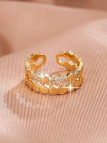 Cubic Zirconia Decor Cuff Ring - Yellow Gold - View 5