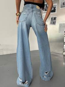 SQUALO Women's Y2K Retro Blue Washed High Waist Wide Leg Jeans For Going Out Party - Blue - View 3
