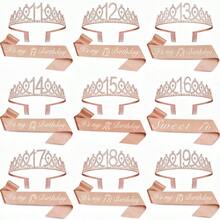 2pcs/Set Birthday Sash And Tiara For Women Including Birthday Crown,It's My Birthday 11th 12th 13th 14th 15th 16th 17th 18th 19th 20th 21th 22th 23th 24th 25th 26th 29th 30th Birthday Sash Ribbon Fabulous Candles And Cake Topper, Birthday Women Gifts For Happy Birthday Party Favor Supplies For Rose Gold Party Accessories