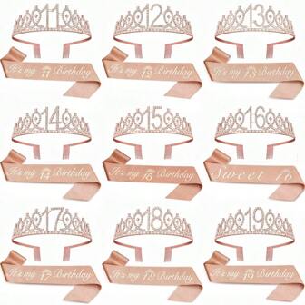 Set van 2 verjaardagssjerpen en tiara's voor vrouwen, inclusief verjaardagskroon. Het is mijn verjaardag. Verjaardagssjerp met lint, fantastische kaarsen en taarttopper. Verjaardagscadeaus voor vrouwen. Feestgunsten voor roségouden feestaccessoires.