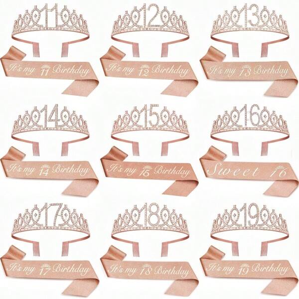 2pcs/Set Birthday Sash And Tiara For Women Including Birthday Crown,It's My Birthday 11th 12th 13th 14th 15th 16th 17th 18th 19th 20th 21th 22th 23th 24th 25th 26th 29th 30th Birthday Sash Ribbon Fabulous Candles And Cake Topper, Birthday Women Gifts For Happy Birthday Party Favor Supplies For Rose Gold Party Accessories