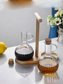 高硼硅玻璃油瓶配木盖，厨房液体调味瓶，条纹酱醋玻璃罐 - 透明 - 查看 5