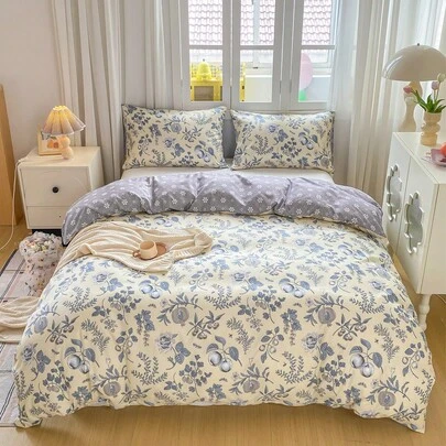 3件套花卉叶子图案被套套装（1个被套和2个枕套），柔软亲肤，四季皆宜，是居家使用的理想之选。