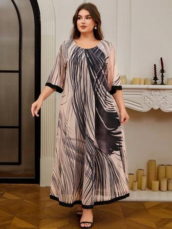 DEARCASE Plus Size Graphic Print Contrast Trim Dress