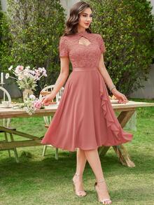 MIUSOL Floral Lace High Neck Side Ruffle Chiffon Cocktail Party Swing Dress - Dusty Pink - View 12