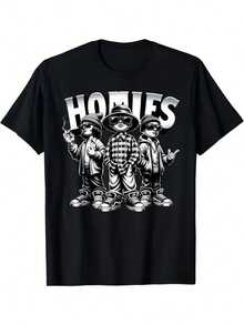 'HOMIES' Street Cool  Printed T Is Suitable For Good Friends Men'S And Women'S Black Cotton T-Shirts. Crew-Neck Undershirt With Clear Print. Simple Design, Neat Stitch And Thread. - 黑色 - 查看 1