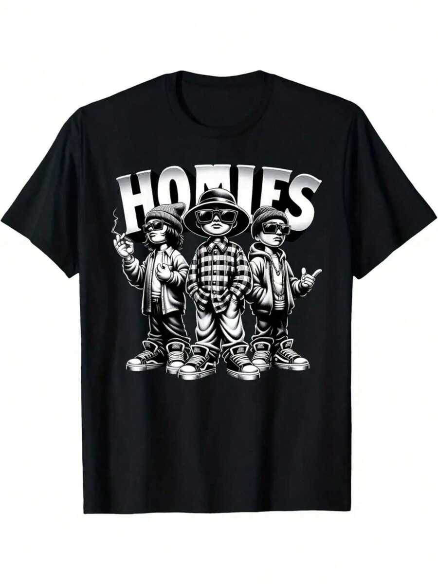 'HOMIES' Street Cool  Printed T Is Suitable For Good Friends Men'S And Women'S Black Cotton T-Shirts. Crew-Neck Undershirt With Clear Print. Simple Design, Neat Stitch And Thread. - 黑色 - 查看 1