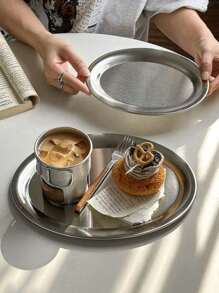 1pc Minimalist Stainless Steel Oval Tray, Serving Platter For Bread, Desserts, Coffee Cups In Cafe
