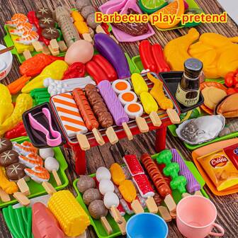 过家家儿童烧烤玩具套装，烤架，托盘，逼真食物，厨房烧烤串烤肉串套装，男孩女孩生日节日礼物