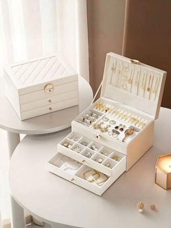 1pc Multi-Layer Drawer Leather Jewelry Storage Box With Lock, Suitable Jewelry Storage Box For Necklaces, Earrings, Bracelets And Rings. For Women Storage Organizer Travel Essentials Gift Back To School