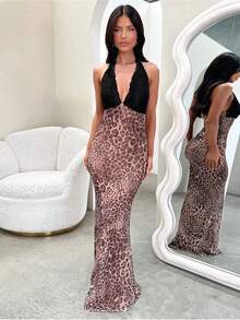 Women Elegant Contrast Lace Leopard Print Fish Tail Hem Party Dress