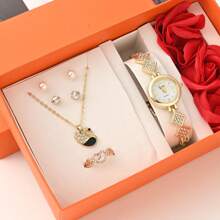 Caja de regalo de San Valentín con 7 piezas: reloj, aretes con perlas y rhinestones, collar con cisne, anillo en forma de corazón, jabón, flor de rosa falsa
