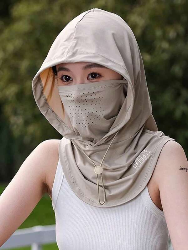 Women Summer UV Protection Face Mask Hat Combo, Full Face Breathable Mesh Ice Silk Neck Gaiter For Driving Cycling, Solid Casual, Beach Hat, Face Cover, Face Mask, Cap