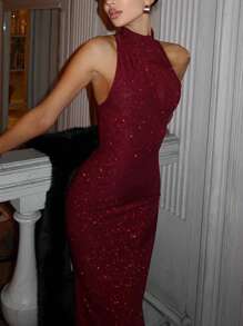 conciso Glitzer-Ärmellos Slim Damen Sexy Elegant Glänzend Hohe Taille Frühling Sommer Maxikleider Abend Club Party Mikropermeable