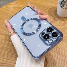 Magnetic Wireless Charging Phone Case Compatible With IPhone 17 16 15 14 13 12 11 Pro Max Plus 17Air, With Precise Hole Protection To Prevent Lens Vibration And Dropping, Electroplated TPU Transparent Case - Màu xanh trong suốt - Xem 2