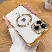 Magnetic Wireless Charging Phone Case Compatible With IPhone 17 16 15 14 13 12 11 Pro Max Plus 17Air, With Precise Hole Protection To Prevent Lens Vibration And Dropping, Electroplated TPU Transparent Case - 透明金 - 查看 2