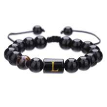 1pc Natural Black Agate 26 Letter Beaded Adjustable Braided Bracelet, Suitable For Various Occasions Like Festivals, Sports, Casual, Business Wear
