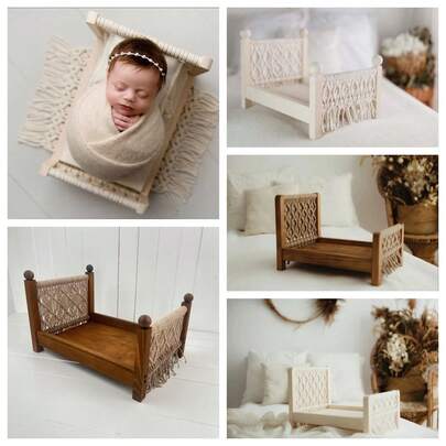 Macrame 新生儿摄影 100 天纪念婴儿肖像摄影辅助道具木床，欧美风格摄影工作室道具，手工编织新生儿摄影道具波西米亚风格手工编织木制婴儿床摄影道具