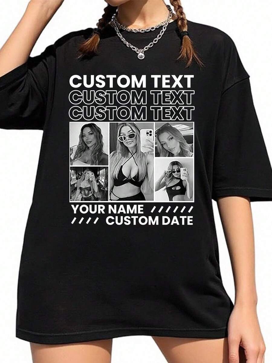 Camiseta personalizada para mujer - Agrega tu foto y texto favoritos (foto de novia/pareja/familia/selfie/mascota/amigo) para diseñar tu propia camiseta impresa personalizada, adecuada para (aniversario/propuesta de matrimonio/anuncio de compromiso/el día que se convirtieron en pareja)