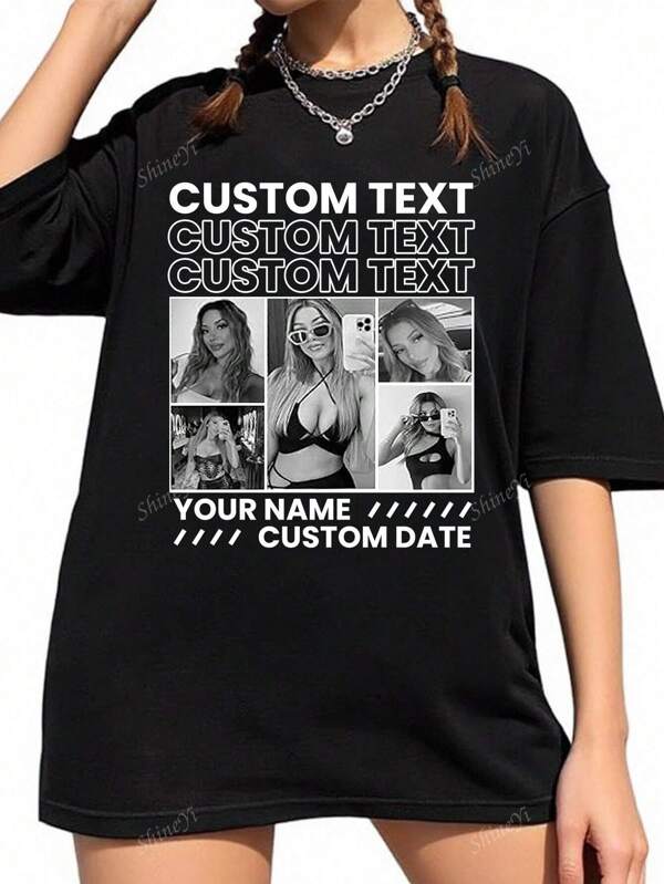 Camiseta personalizada con foto, diseño vintage personalizado tipo bootleg. Agrega tu foto y texto favoritos (novia/pareja/familia/selfie/mascota/amigo) para diseñar tu camiseta impresa personalizada, adecuada para reuniones familiares y ropa personalizada grupal, y estilo de moda minimalista, camiseta casual de mujer para primavera/verano, camiseta negra, ornamental, perro, única, personalizada, regalos ideales para ella, familia, amigos, niñas, para vacaciones, para aniversarios