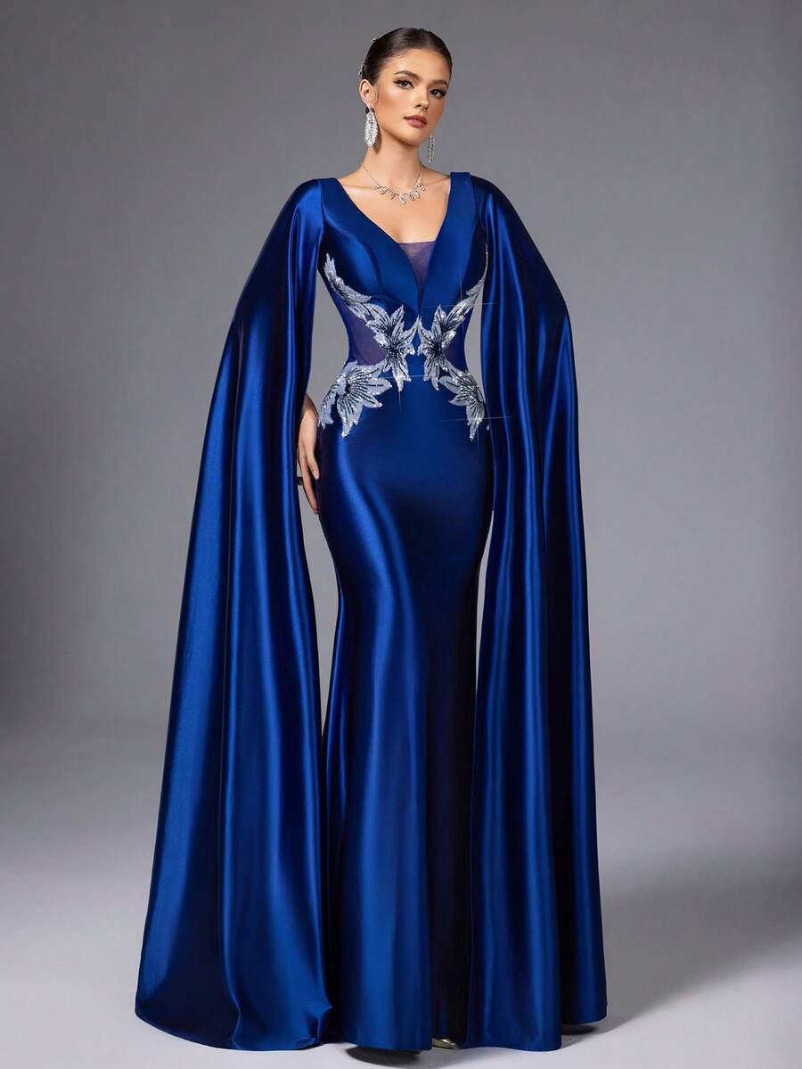 VIPGIRL Royal Blue Satin Cape Evening Dress With 3D Floral Embroidery, Mermaid Formal Gown, Elegant Prom Dress, Luxury Long Dress, Red Carpet Outfit, Women Formal & Evening Dresses, Party Dress, For Wedding Guest - Royal Blue - View 1