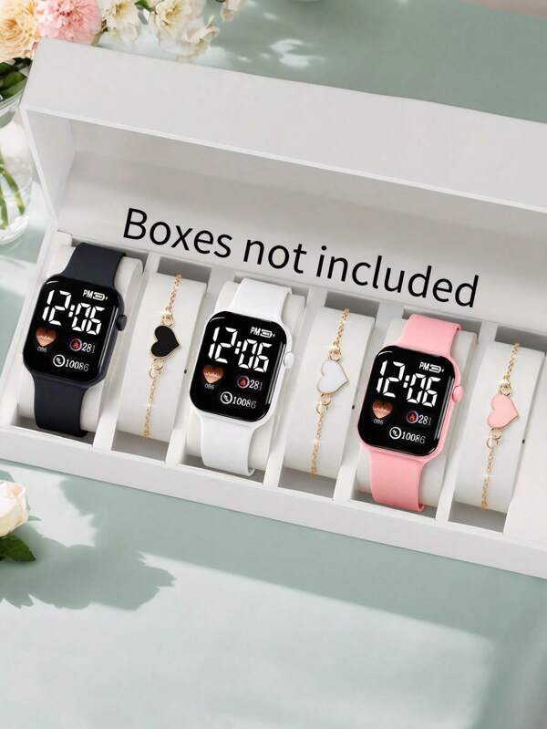 Set de 6/2 piezas de reloj digital electrónico con diseño de corazón LED, adecuado para niñas y estudiantes. Emparejado con una pulsera con forma de corazón, es una elección perfecta para diversas ocasiones como vida diaria, regreso a la escuela, fiestas y viajes. Es muy adecuado como regalo para amigos y es una opción ideal para dar como regalo en cumpleaños, festivales y temporada de graduación