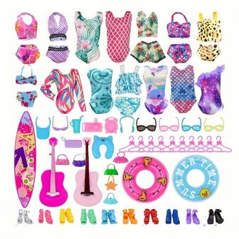A Set Of 40-Piece Doll Clothing And Accessories Toy Set With 5 Pairs Of Shoes And 2 Handbags - Including Surfboard, Guitar, Glasses, Hangers And Swimming Rings - Multi-Color, Durable PP Material, Suitable For 3 Years And Above