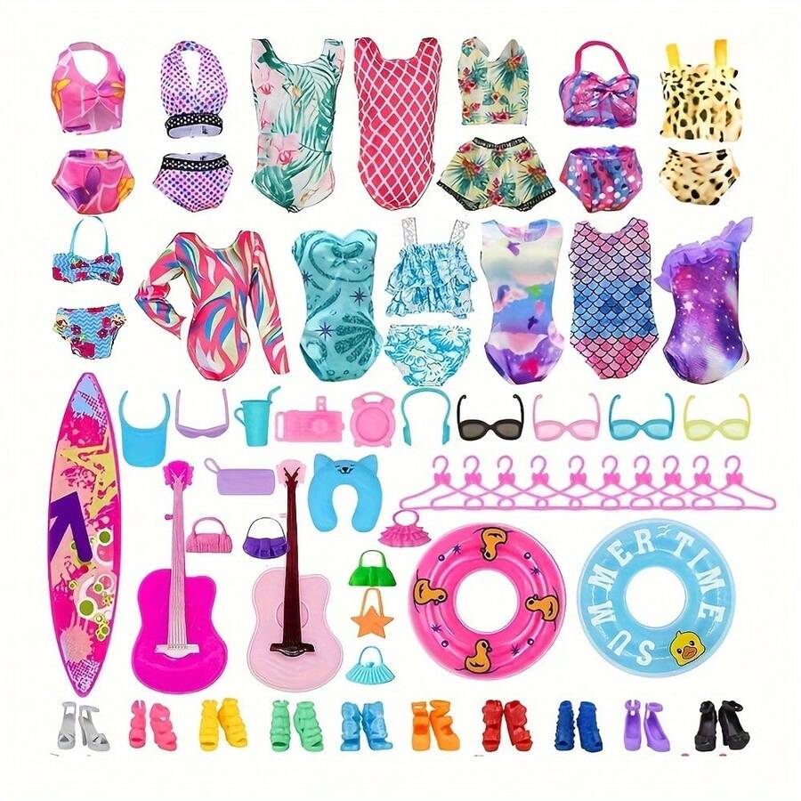 A Set Of 40-Piece Doll Clothing And Accessories Toy Set With 5 Pairs Of Shoes And 2 Handbags - Including Surfboard, Guitar, Glasses, Hangers And Swimming Rings - Multi-Color, Durable PP Material, Suitable For 3 Years And Above