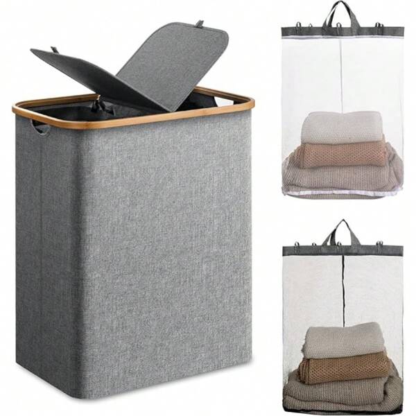 Set di cesti portaoggetti per il bucato di grandi dimensioni, pieghevole con coperchio, con manico, con borsa interna rimovibile, cesto portabiancheria con manico in bambù, adatto per dormitori, camere da letto, bagni, organizzazione dello spazio, forma rettangolare, cesto per il bucato