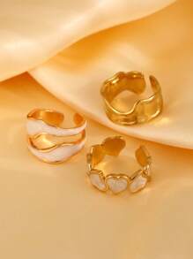 3pcs Set Fashionable Painted Oil Heart Line 18K Gold Plated Stainless Steel Rings, Suitable For Dating, Casual Wear