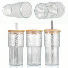 20oz Glass Cup With Straw And Wooden Lid, Textured Design, Suitable For Juice, Milk Tea, Beverage And Water
