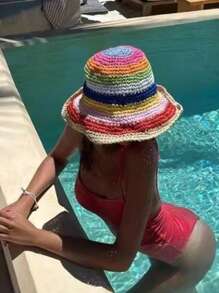 1 pièce Chapeau seau en paille rayé bicolore pour femmes, adapté pour le port quotidien, les sorties d'été et les vacances pour la protection solaire Boho