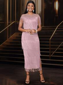 Women's Short Sleeve See-Through Gauze Patchwork Fringe Dress, Banquet, Host, Date, Birthday Spring Outfits For Women