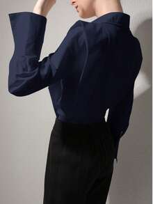 ELVA Women's French Loose Casual Solid Color Long Sleeve Shirt, Business Interview Commute Relaxed Simple Elegant Mature Style, Suitable For Winter, Spring, Summer, Autumn Seasons, Valentine's Day, New Year - Navy Blue - View 8