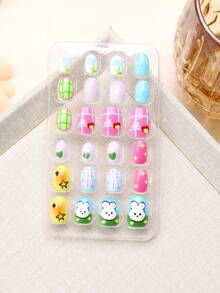 （168 件 7 包）和（24 件 1 包）儿童亚克力假指甲按压式预粘全覆盖闪光涂鸦熊、小狗、兔子和其他元素短儿童粘贴式假指甲套装适合儿童小女孩 - 可爱动物园主题