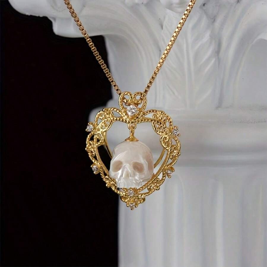 Pearl Skull Necklace Heart Skull Pendant Carved Pearl Pendant Gothic Jewelry White Pearl Pendant Gothic Pendant Skeleton Pendant - 金色 - 查看 1