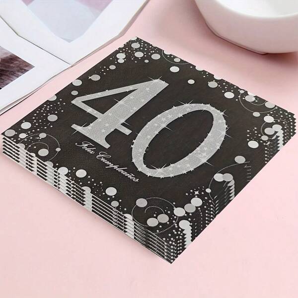20PCS Happy Birthday Napkins Black And Silver 40th Birthday Napkins Vintage Desserts Cocktail Beverages 40th Birthday Party Gifts