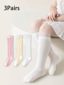 3 Pairs Floral Textured Mesh Kids Crew Socks, Spring/Summer