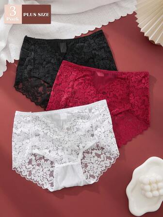 3 piezas Bragas de encaje de talla grande, ropa interior blanca