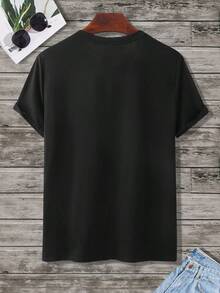 Manfinity Homme Camisetas de algodón para hombre, corte de cuello redondo ajustado, manga corta, camiseta gráfica casual de verano con ancla de poliéster en azul marino - Negro - Ver 2