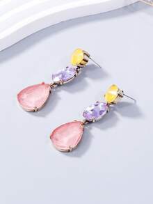 1 Pasang Anting-Anting Berlian Imitasi Warna-warni Elegan Bentuk Tetesan Air Mata untuk Pesta Wanita - Bubuk kuning ungu - View 2