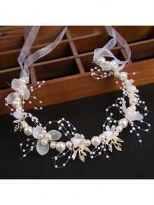 1pc Bridal Hairband, Faux Pearl Flower Bun Headband With Crystal Decor Wedding Hair Accessory Royal Tiaras Valentine's Day Accessories - White - View 5