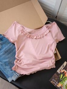 粉色甜美少女风圆领荷叶边蝴蝶结装饰T恤，可爱街头风修身短袖女式上衣，腰部褶裥设计