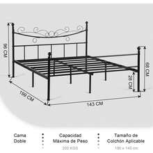 FurnitureR Cama Doble Armazón Cama Metal fácil Montaje con cabecera y pie Cama, Ninguno Funda colchón, Listones Fuertes y Resistentes Negro Colchón 190 * 140 Tatiana - Tatiana Negro - Ver 11