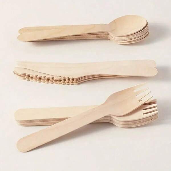 Set de vajilla desechable de 20/50/100 piezas de abedul, cuchillo de madera, tenedor de madera, cuchara de madera, suministros para fiestas de madera, perfecto para bodas, cumpleaños, despedidas de soltero, graduaciones, vajilla compostable.