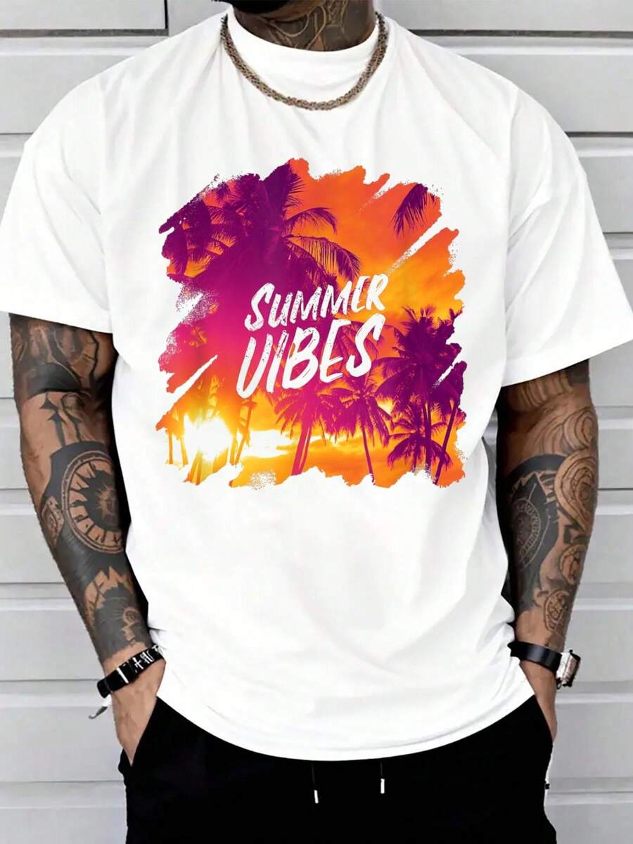 Sunshine Summer Vibes Palm Trees Beach Retro Tropical Summer T-Shirt Print T-Shirt Casual Crew Neck Short Sleeve Comfort Tee Top For Spring & Summer Men's Clothing - 白色 - 查看 1