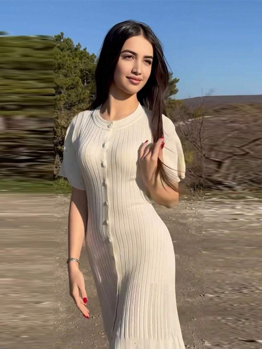 Elegant Ivory White Ribbed Knit Button-Front Mid-Length Dress, Round Neck, Solid Color, Fitted - White - View 1